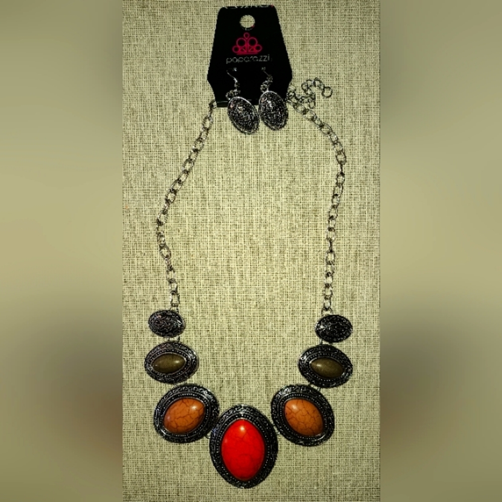 Paparazzi Silver and Orange/Brown/Earth tones necklace with matching earrings